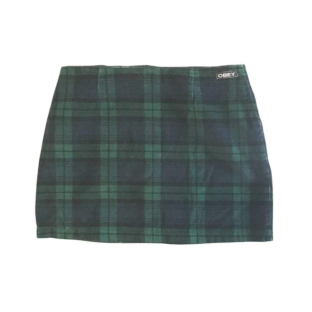 Obey Worldwide Green Plaid Corduroy Zip Front Mini Skirt Size 26 Black Watch